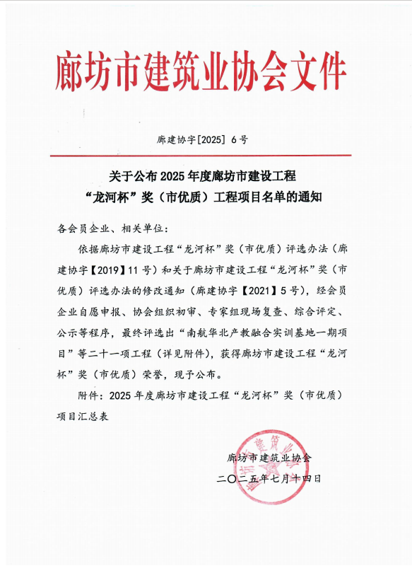 公司監(jiān)理項(xiàng)目榮耀斬獲2025年河北省廊坊市“龍河杯”優(yōu)質(zhì)工程獎(jiǎng)